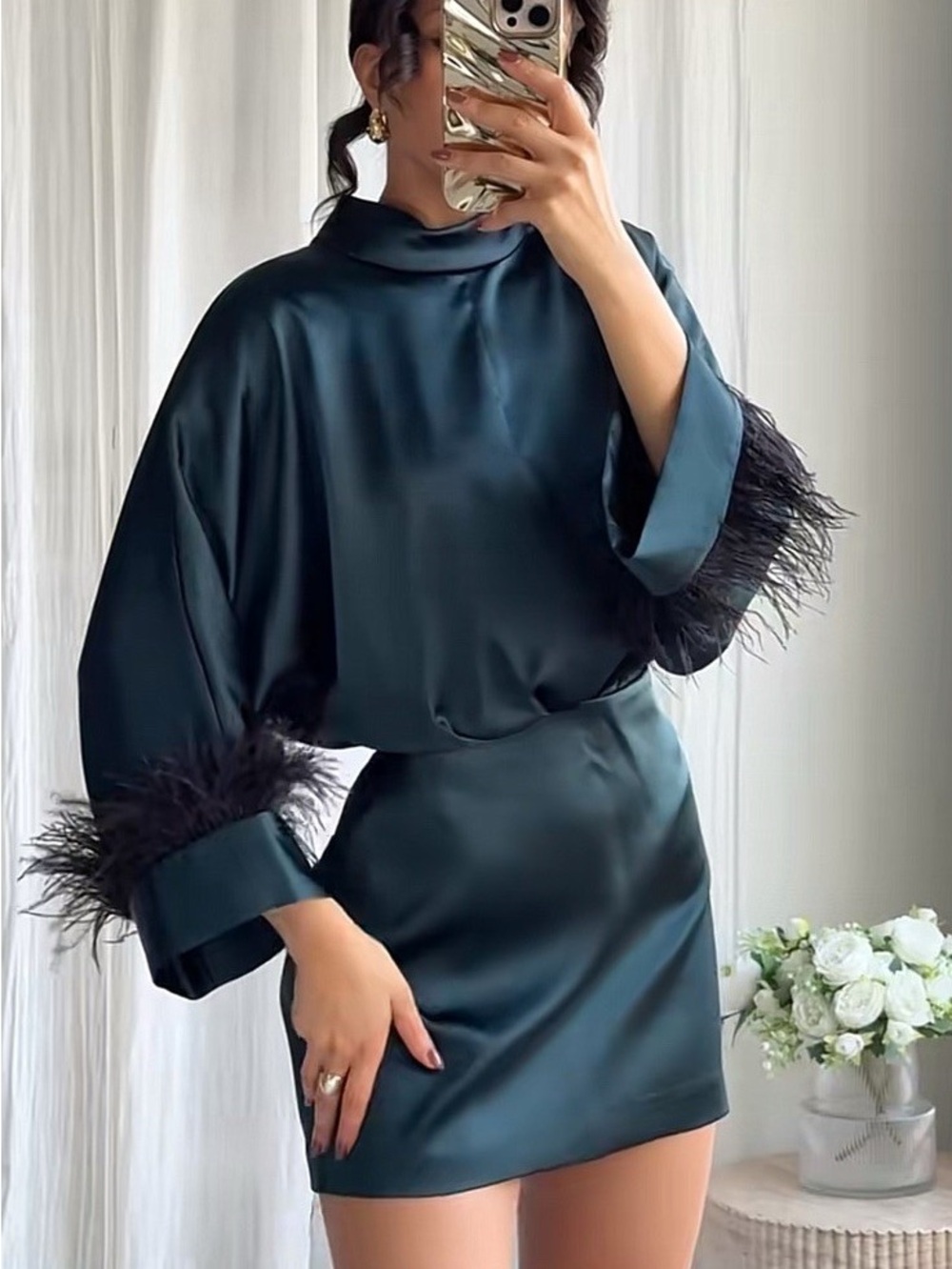 ZARA Short Satin Feather Dress - Picture 8 of 12